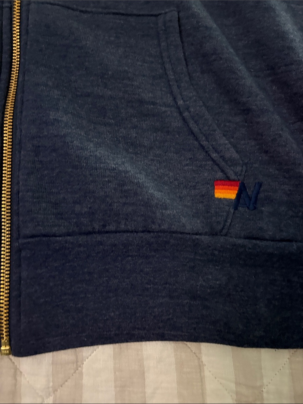 Aviator Nation Navy Zip Hoodie with Neon Pink, Orange & Yellow Stripes - Picture 4 of 5